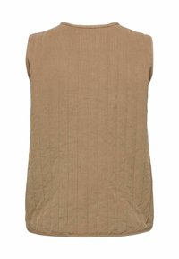 Gilet imbottito senza maniche marrone chiaro con cuciture verticali, scollo rotondo e chiusure non visibili, mostrato da dietro.