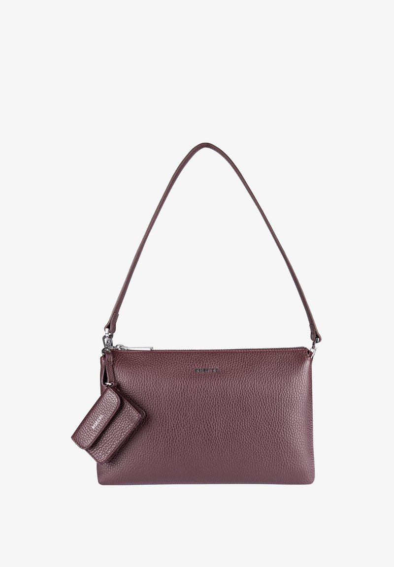 Deep burgundy leather bag with a textured surface, zip closure, and a detachable cardholder attached by a silver clip. Adjustable strap included.