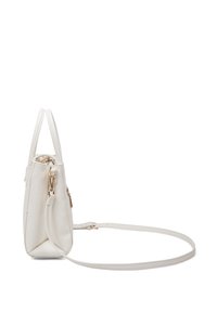 Borsa strutturata bianca in finta pelle testurizzata, con manici superiori doppi e una tracolla rimovibile con dettagli in metallo dorato.
