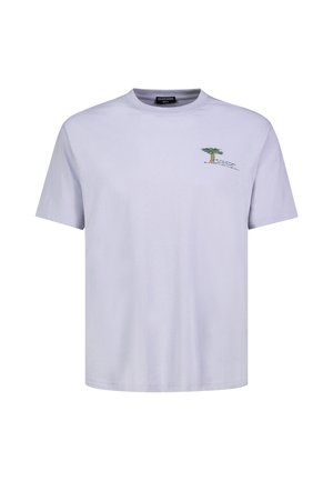 Hellviolettes T-Shirt mit kurzen Ärmeln, kleinem Palmen- und Schattenmotiv auf der linken Brust, Rundhalsausschnitt und regulärer Passform.