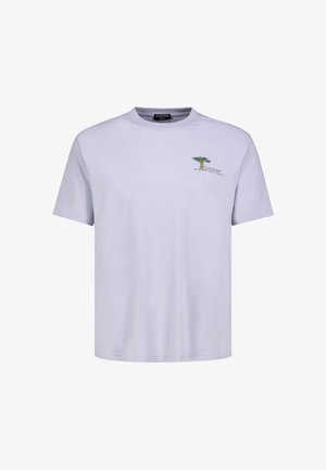 Hellviolettes T-Shirt mit kurzen Ärmeln, kleinem Palmen- und Schattenmotiv auf der linken Brust, Rundhalsausschnitt und regulärer Passform.