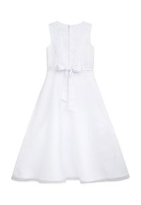 Weißes Kleid mit besticktem Oberteil, ärmellosem Design, ausgestelltem Rock und einem Satinband in der Taille; Reißverschluss auf der Rückseite.