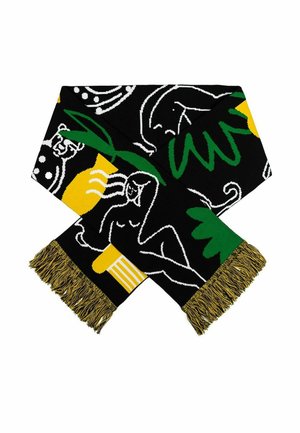 Woven czarny szal z białymi, żółtymi i zielonymi wzorami, frędzlami na brzegach oraz ilustracjami liści i postaci.