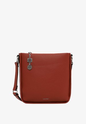 Red textured leather crossbody bag with silver hardware, adjustable strap, and logo charm attached to the zipper. Rectangular shape.