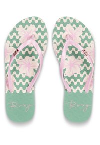 Flip-flops med en mintgrøn bund, lyserøde blomster mønstre og lyserøde stropper. Har en tekstureret overflade og signaturlogo detalje.