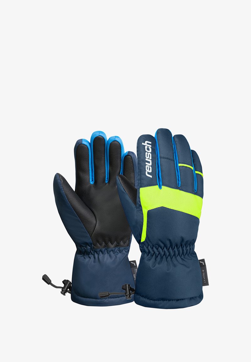 Winterhandschuhe mit einem marineblauen Textilkörper, schwarzen Lederhandflächen, blauen Akzenten und einem leuchtend grünen reflektierenden Streifen. Elastischer Handgelenkbund für eine gute Passform.