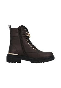 Bottine en faux cuir marron avec fermeture éclair, devant lacé, accents en métal doré et semelle noire épaisse. Présente un extérieur texturé.