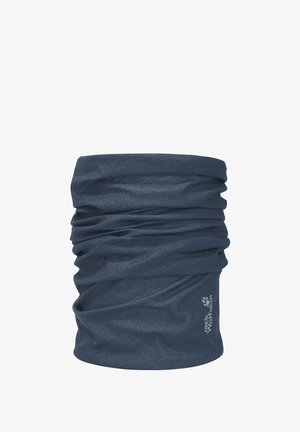 Donkerblauwe, gestructureerde nekwarmer met subtiele plooien en een klein licht logo aan de rechteronderkant.