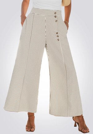 Wijde pantalon met verticale zwart-wit strepen, met een hoge taille, zijzakken en knoopaccenten aan de voorkant.