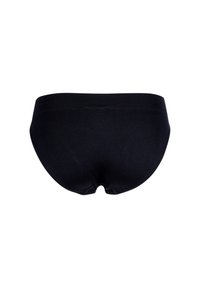 Czarne gładkie majtki z wysokim stanem, widoczne od tyłu, wykonane z gładkiej tkaniny z elastycznym paskiem w pasie, na białym tle.