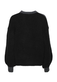 Svart oversized tröja med strukturerad stickning, med en grå ribbad krage och muddar. Slät tyg med puffärmar och sänkt axel.