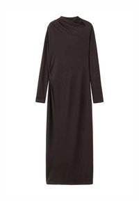 Bruine jurk met lange mouwen van gladde stof, voorzien van een hoge halslijn en zijsamtukken, met een rechte silhouet die tot aan de enkels reikt.