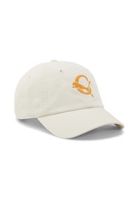 Beżowa bawełniana czapka z zaokrąglonym daszkiem i haftowanym pomarańczowym logo z przodu. Posiada otwory wentylacyjne oraz regulowany pasek z tyłu.