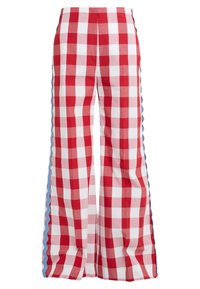 Punainen ja valkoinen ruudullinen leveälahkeinen housu sinisillä sivuaccentilla, joissa on sileä pinta ja rento istuvuus mukavuutta varten.