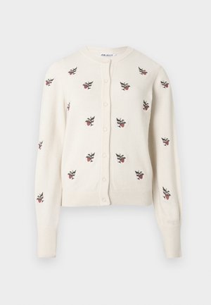 Cremefarbener Cardigan mit langen Ärmeln, rundem Halsausschnitt und Knopfverschluss. Verziert mit rosa Blumenstickerei über das gesamte Kleidungsstück. Gerippte Bündchen und Saum.