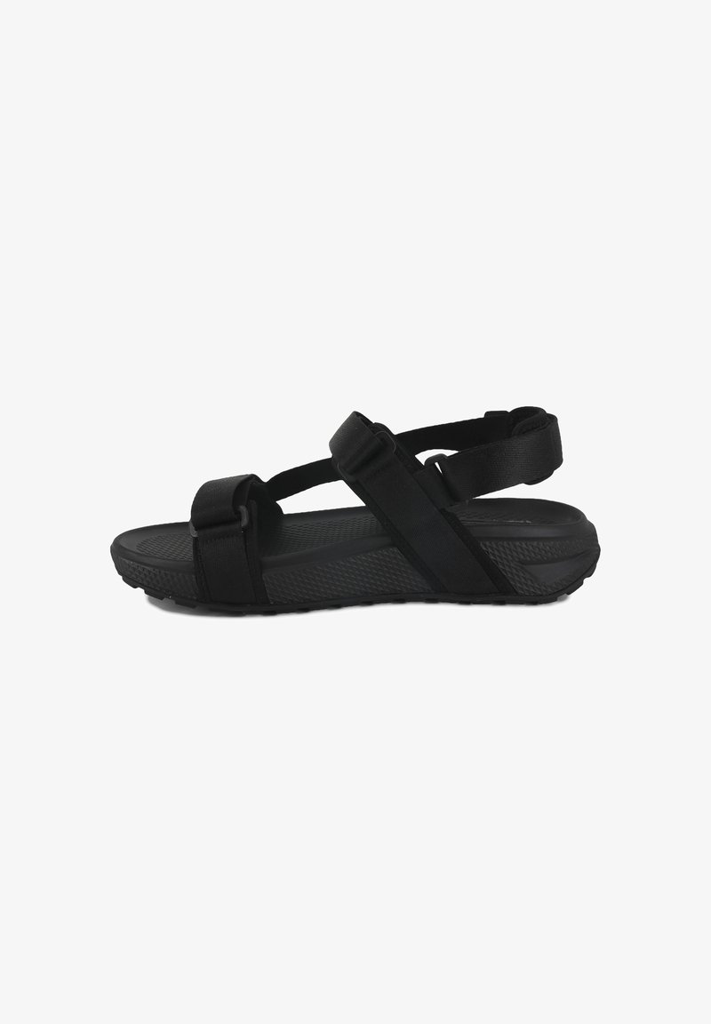 Schwarze Sandalen mit mehreren verstellbaren Riemen, einer strukturierten Sohle und einem gepolsterten Fußbett. Leichtes Design, geeignet für den Außeneinsatz.