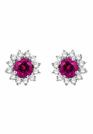 Silberne Steckerohrringe mit einem zentralen rosa Stein, umgeben von einem Halo aus kleineren klaren Steinen in floralem Design.