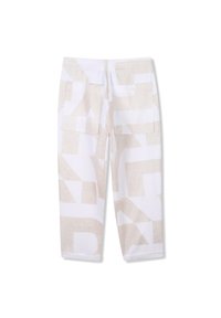 Witte katoenen broek met een subtiel geometrisch patroon in lichtbeige. Bevat twee achterzakken. Standaard pasvorm, cropped lengte.