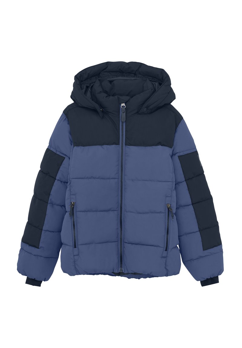 Vadderad jacka med huva, dragkedjestängning och färgblockerat mönster i mörk marinblått och ljusare blått, med quiltad struktur och sidofickor.