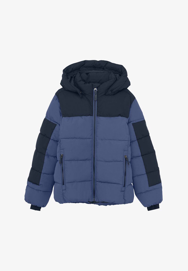 Vadderad jacka med huva, dragkedjestängning och färgblockerat mönster i mörk marinblått och ljusare blått, med quiltad struktur och sidofickor.