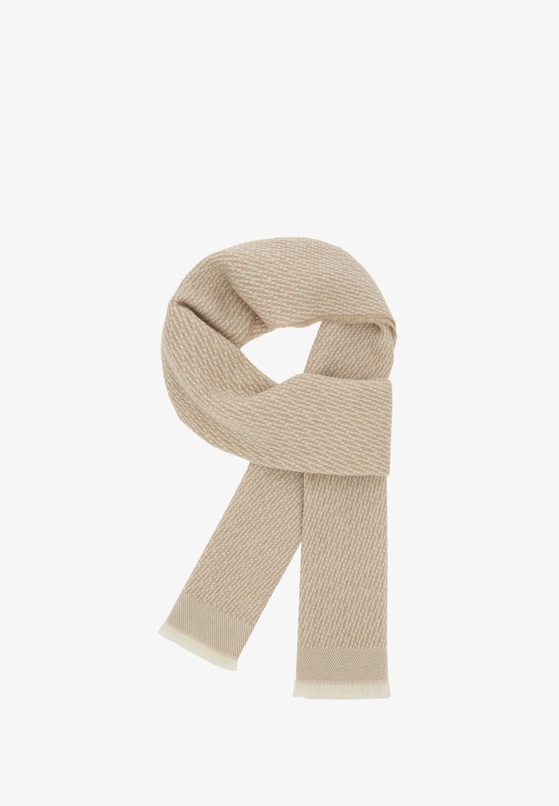 Beige tørklæde med et struktureret zigzag-mønster, frynser i enderne og en blød stoffinish. Måler cirka 2,5 fod i længden.