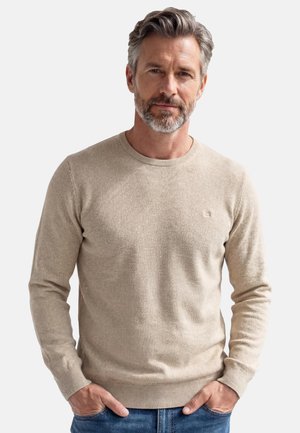 Mittelalter Mann mit grauen Haaren und Bart, der einen beigen Strickpullover und blaue Jeans trägt und mit den Händen in den Taschen steht.