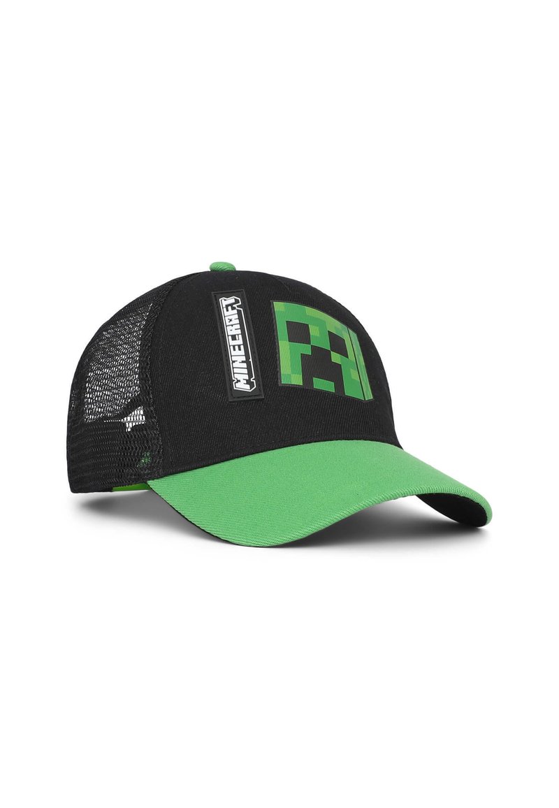 Cappellino da baseball nero con visiera verde, lati in rete e un motivo a pixel verdi quadrati con etichetta "Minecraft".