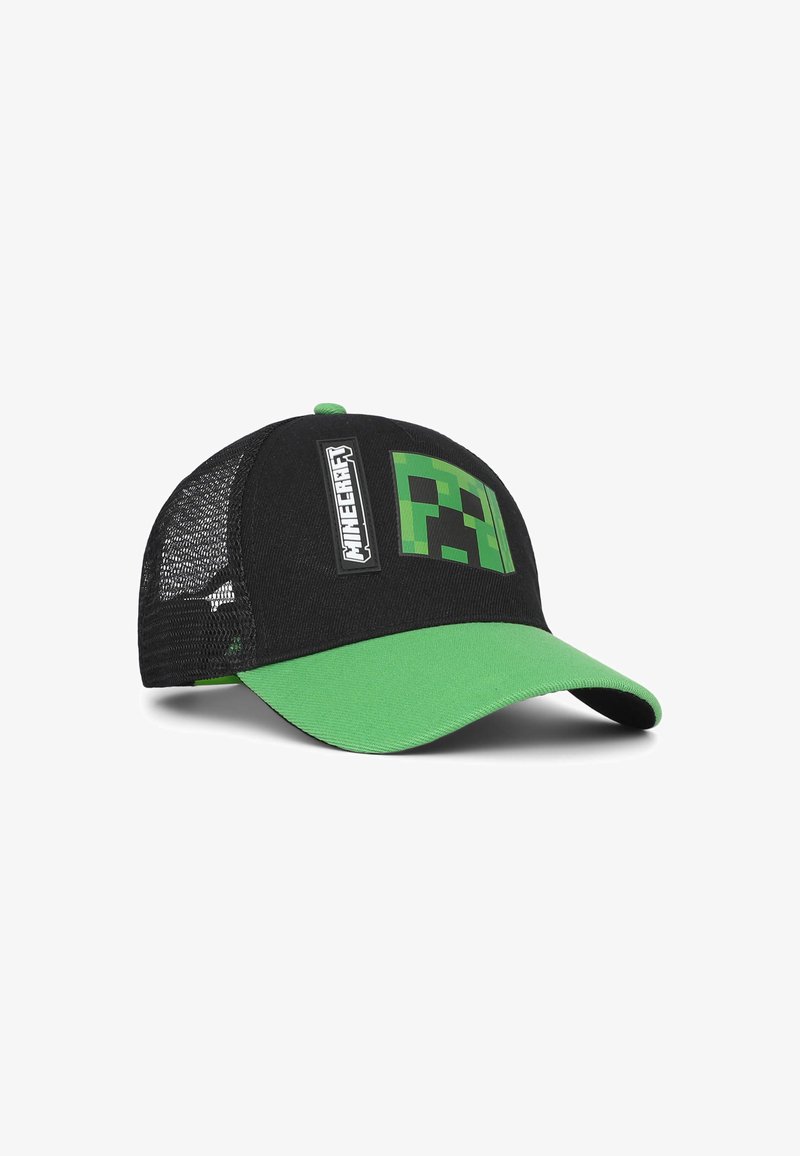 Cappellino da baseball nero con visiera verde, lati in rete e un motivo a pixel verdi quadrati con etichetta "Minecraft".