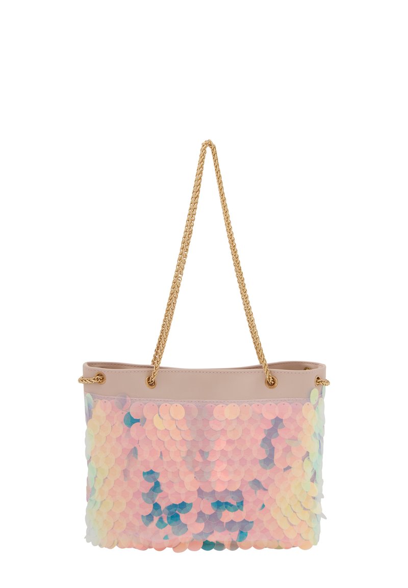 Pailletetekstil taske med pastelfarvede cirkulære pailletter, lys pink top og guld kædetasker. Glat overflade med glitrende farveovergange.