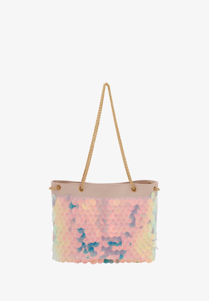 Pöttyös táska pasztell kör alakú flitterekkel, világos rózsaszín felső résszel és arany lánc fogantyúkkal. Simaságával és csillogó színátmeneteivel tűnik ki.
