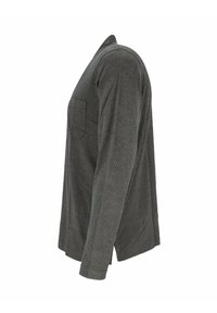 Graues, strukturiertes Langarmhemd mit seitlicher Profilansicht, das eine Brusttasche und ein einfaches Kragen-design aufweist.