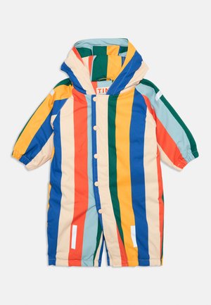 Colorful striped children's snowsuit featuring vibrant blue, green, red, yellow, and cream stripes. Material is smooth with a hood and snap closure.
