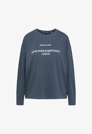 Langärmliger, marineblauer Sweatshirt aus weichem Stoff. Mit weißem Drucktext: "SENSES. THE LABEL LOVE OVER EVERYTHING .FOREVER."