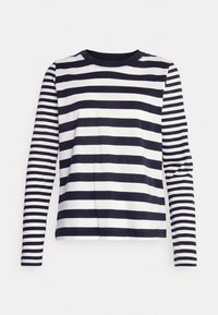 Camicia a maniche lunghe con strisce orizzontali blu navy e bianche, collo tondo, realizzata in morbido cotone, con vestibilità rilassata e texture liscia.