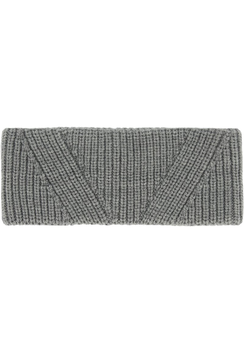 Gestricktes Kopfband in Grau mit einem strukturierten Rippmuster. Verfügt über diagonale Akzente, die ein visuell ansprechendes Design schaffen. Weiches Material.