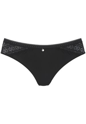 Black bikini briefs with a lace waistband featuring a geometric pattern, scalloped edges, and a small silver accent at the front center.