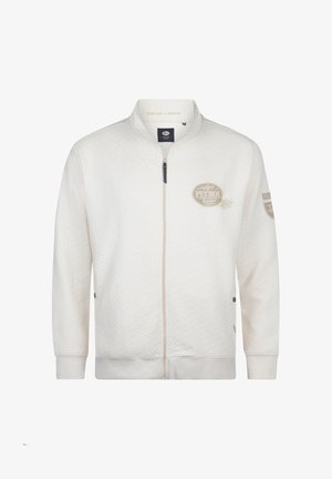 Weiße gesteppte Jacke mit Reißverschluss und Stehkragen, mit einem Logo-Patch auf der Brust und Akzentdetails an den Ärmeln. Klassische Passform.