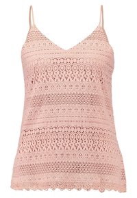 Krajkový top na ramínka v jemně růžové barvě s výstřihem do V a nastavitelnými ramínky, zdobený složitými vzory a vroubkovaným lemem pro texturu a detaily.