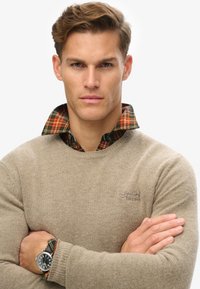 Beżowy sweter dzianinowy z okrągłym dekoltem, z brązowym logo. Pod spodem znajduje się koszula w kratę w kolorach pomarańczowym, zielonym i czarnym.