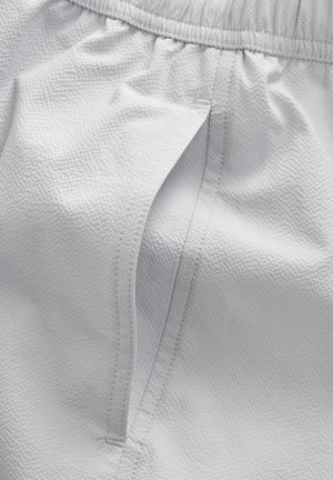 Svijetlosivi šorts izrađen od teksturiranog materijala, s elastičnom trakom u struku i bočnom džepu s glatkim patentnim zatvaračem.
