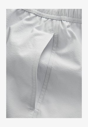 Shorts gris clair avec un tissu texturé, une taille élastique et une poche latérale avec une fermeture éclair lisse.