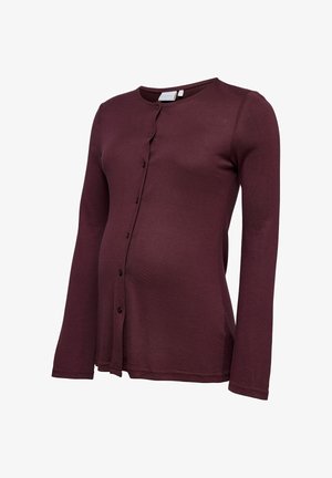 Kardigan ciążowy w kolorze burgundowym, z okrągłym dekoltem, długimi rękawami, zapięciem na guziki i dopasowanym krojem, dostosowanym do rosnącego brzucha.
