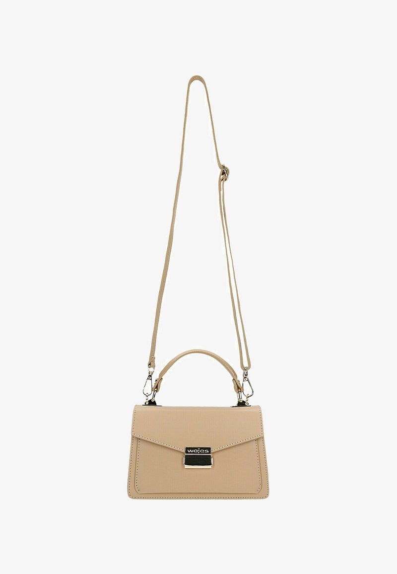 Beige obdélníková kabelka vyrobená z texturovaného syntetického materiálu, s horním madlem, nastavitelným popruhem a kovovým akcentem značky.