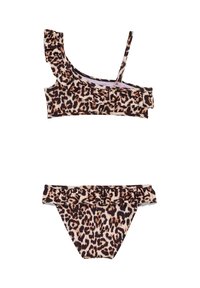 Bikini set s leopardím vzorom, s topom na jedno rameno a riasením, a zodpovedajúcimi riasenými spodkami. Materiál vyzerá hladko a pružne.