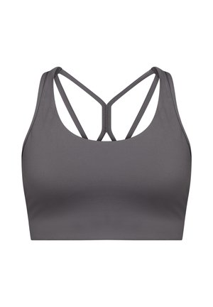 Sujetador deportivo gris hecho de material liso, con escote redondeado y diseño de tirantes cruzados en la espalda. Sin adornos adicionales.