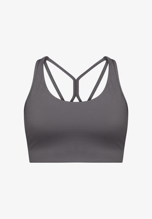 Graues Sport-BH aus glattem Material mit rundem Ausschnitt und einem gekreuzten Trägerdesign am Rücken. Keine weiteren Verzierungen.