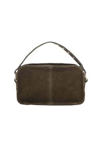 Olijfgroene suède tas met een rechthoekige vorm, handvat aan de bovenkant en decoratieve metalen hardware accenten. Beschikt over zichtbare stikdetails.