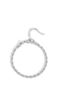 Silver twisted rope chain bracelet with lobster clasp and adjustable extension chain on white background.