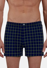 Marineblauwe boxershorts met een geel en groen geruit patroon, gedragen door een staande, naakte man tegen een effen achtergrond.