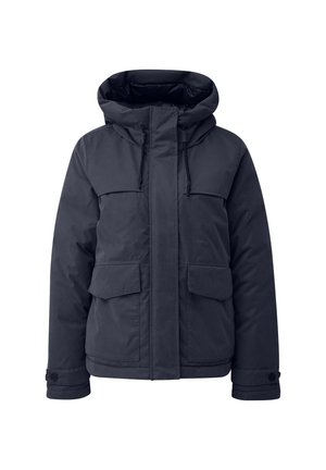 Marineblaues Kapuzenjacke mit einem Reißverschluss auf der Vorderseite, zwei großen Vordertaschen und verstellbaren Zugbändern. Sie verfügt über eine gepolsterte Isolierung und eine glatte Oberfläche.